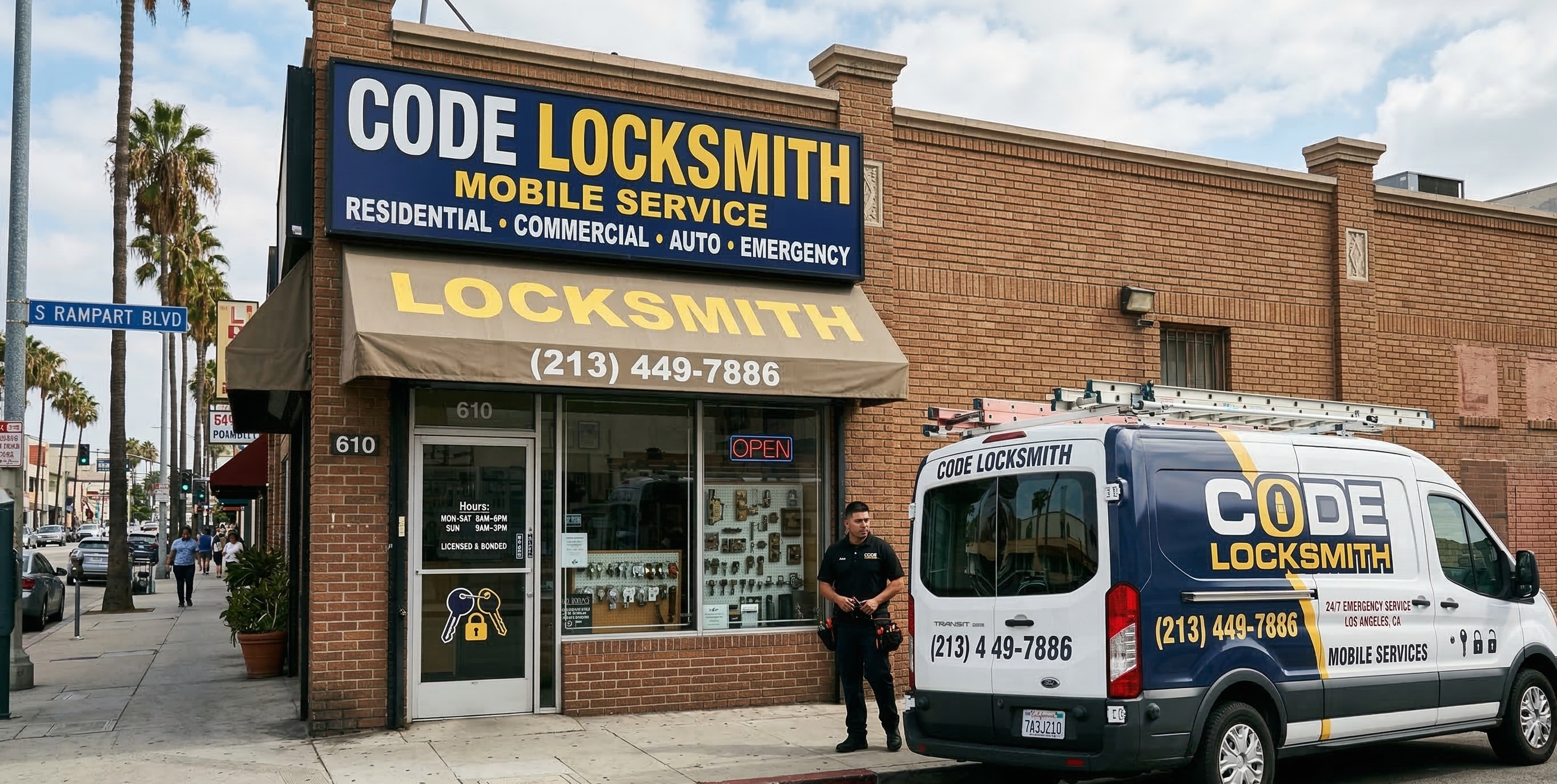 Code Locksmith storefront at 610 S Rampart Blvd, Los Angeles, CA 90057